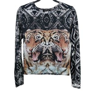 Workshop Womens Pullover Long Sleeve Photo Top Relaxed Graphic Tiger Size  XS